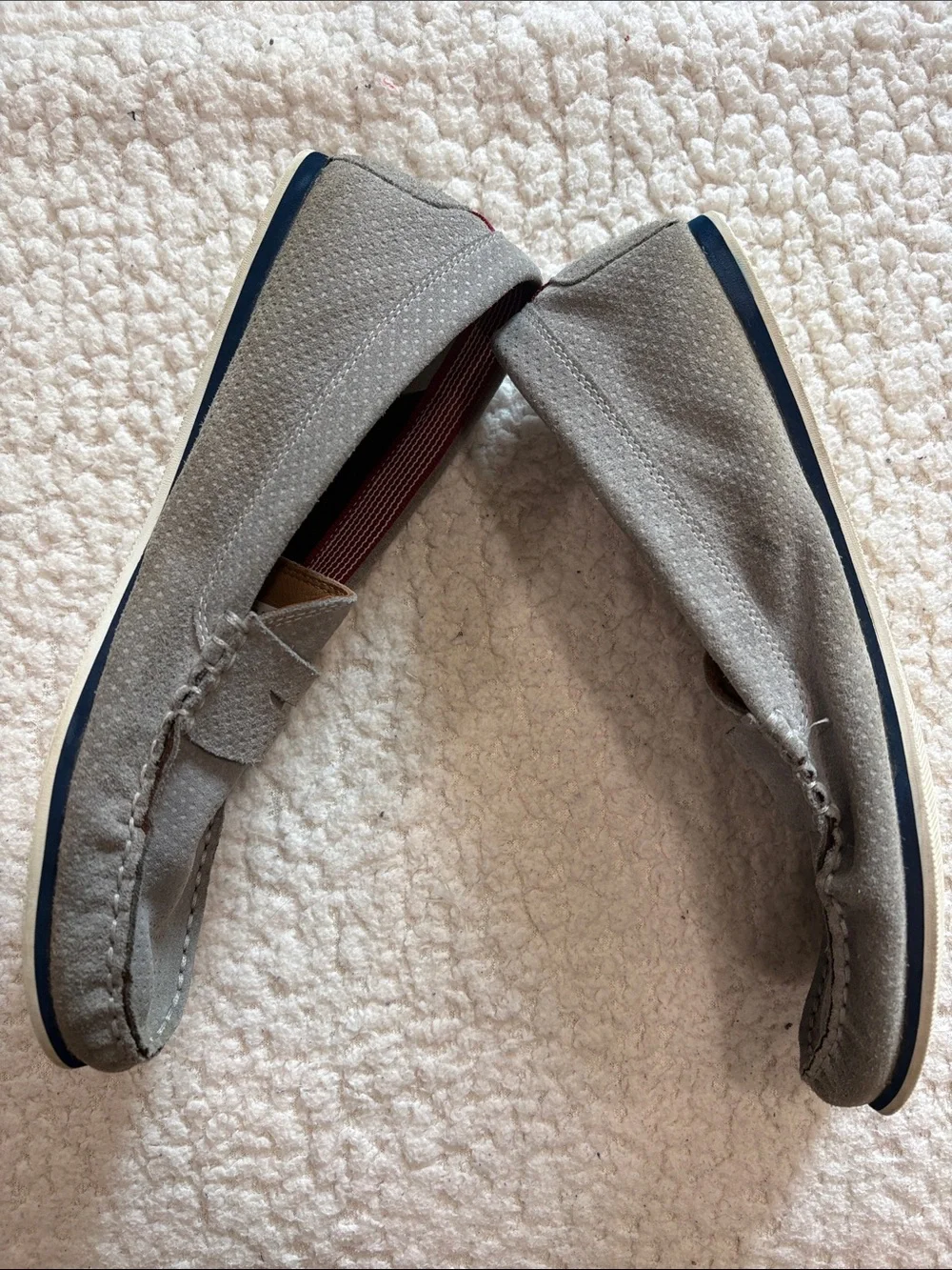 Lacoste Men's Light Gray Suede Penny Loafers with Maroon Trim